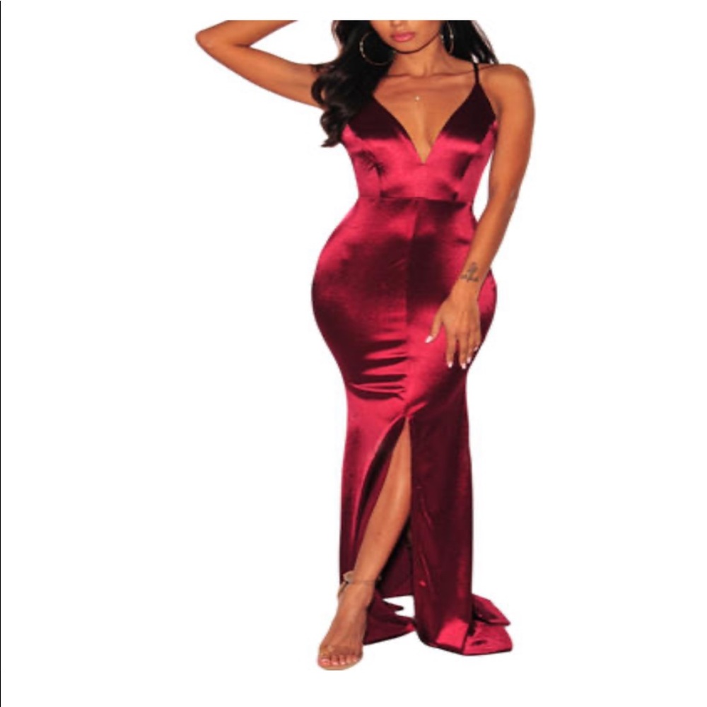 High slit floor length satin feel gown - Picture 3 of 11